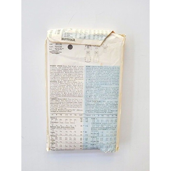 Butterick Pattern 3511 Misses Bride Bridesmaid Dress Size 6-10 1988 Wedding - Picture 3 of 3